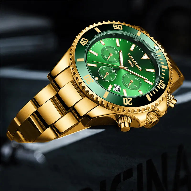 Veadons Men's Luxury Dress Watch Gift Set - Green Dial, 40mm Stainless Steel Strap, Rotating Quartz Analog, Waterproof Luminous Large Dial for Summer Business Wear