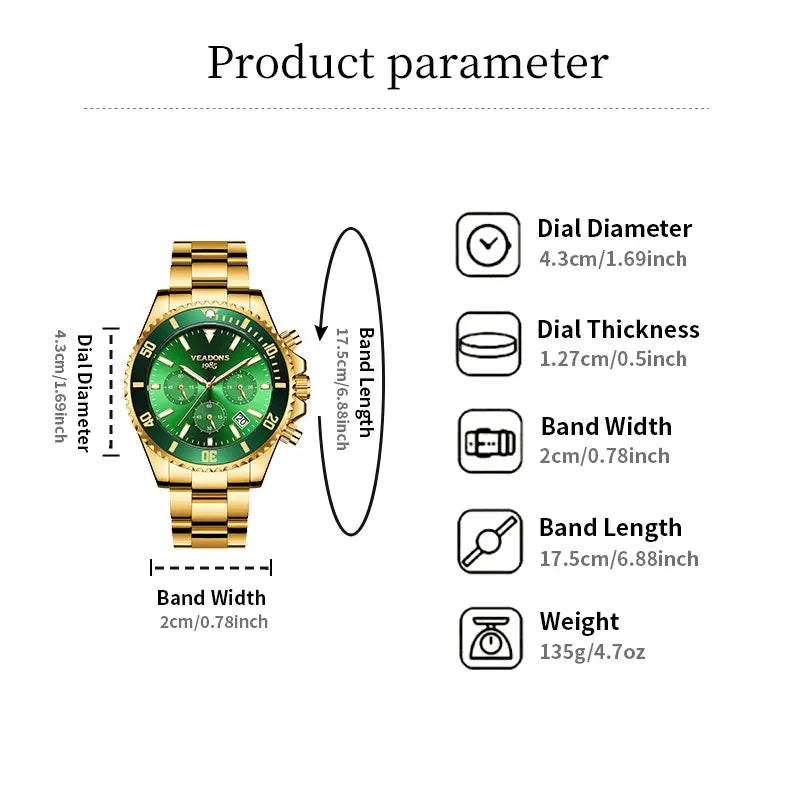 Veadons Men's Luxury Dress Watch Gift Set - Green Dial, 40mm Stainless Steel Strap, Rotating Quartz Analog, Waterproof Luminous Large Dial for Summer Business Wear