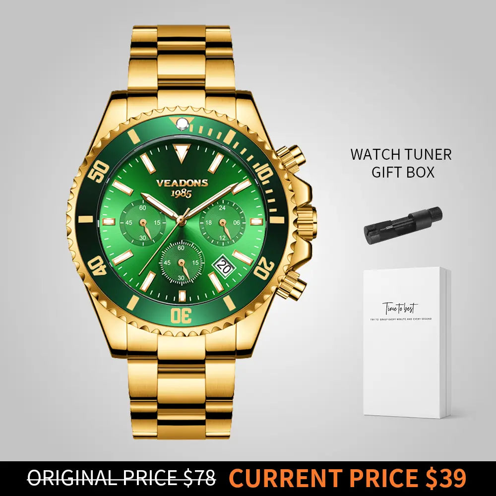 Veadons Men's Luxury Dress Watch Gift Set - Green Dial, 40mm Stainless Steel Strap, Rotating Quartz Analog, Waterproof Luminous Large Dial for Summer Business Wear