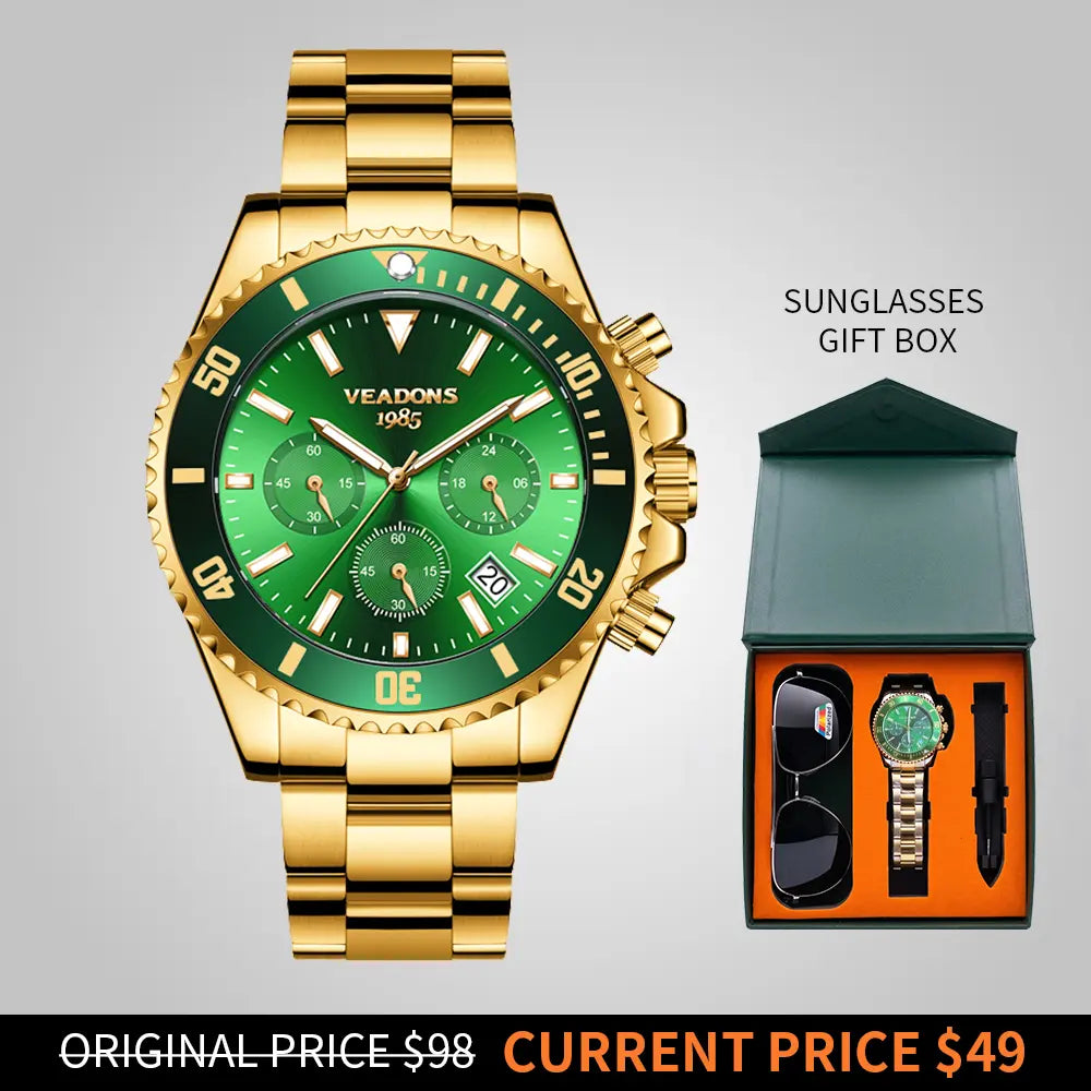 Veadons Men's Luxury Dress Watch Gift Set - Green Dial, 40mm Stainless Steel Strap, Rotating Quartz Analog, Waterproof Luminous Large Dial for Summer Business Wear