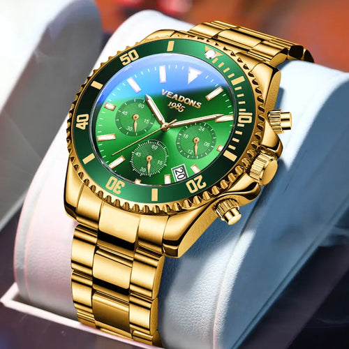Veadons Men's Luxury Dress Watch Gift Set - Green Dial, 40mm Stainless Steel Strap, Rotating Quartz Analog, Waterproof Luminous Large Dial for Summer Business Wear
