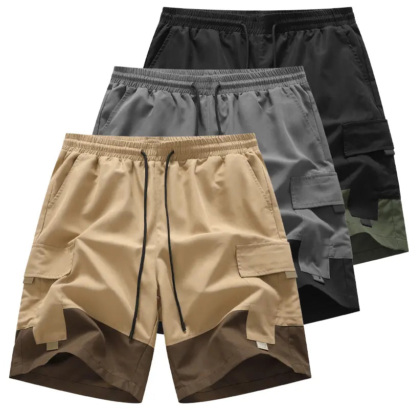Men's Beige Multi-Pocket Cargo Shorts Three-Piece Streetwear Set - Comfortable and Stylish for Casual Wear and Sports
