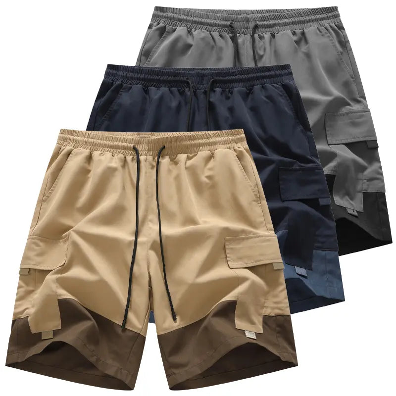 Men's Beige Multi-Pocket Cargo Shorts Three-Piece Streetwear Set - Comfortable and Stylish for Casual Wear and Sports