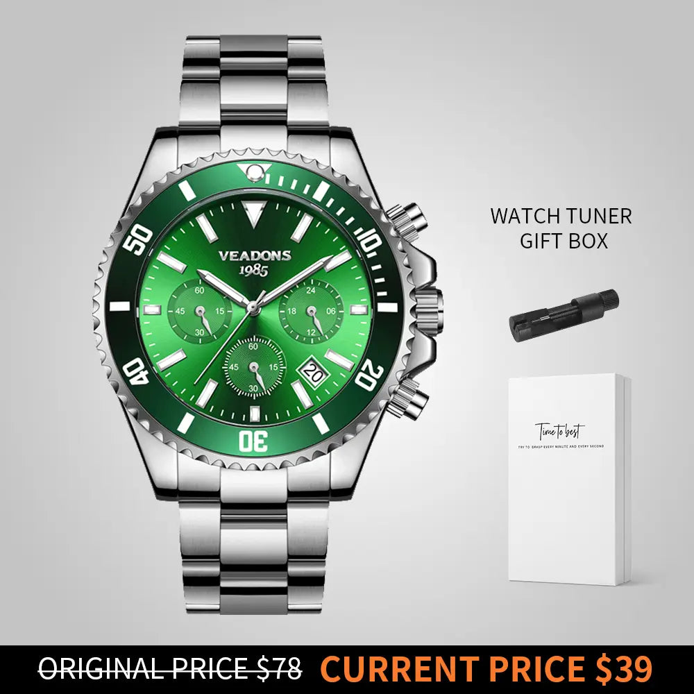 Veadons Men's Luxury Dress Watch Gift Set - Green Dial, 40mm Stainless Steel Strap, Rotating Quartz Analog, Waterproof Luminous Large Dial for Summer Business Wear