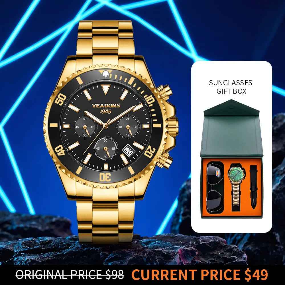 Veadons Men's Luxury Dress Watch Gift Set - Green Dial, 40mm Stainless Steel Strap, Rotating Quartz Analog, Waterproof Luminous Large Dial for Summer Business Wear