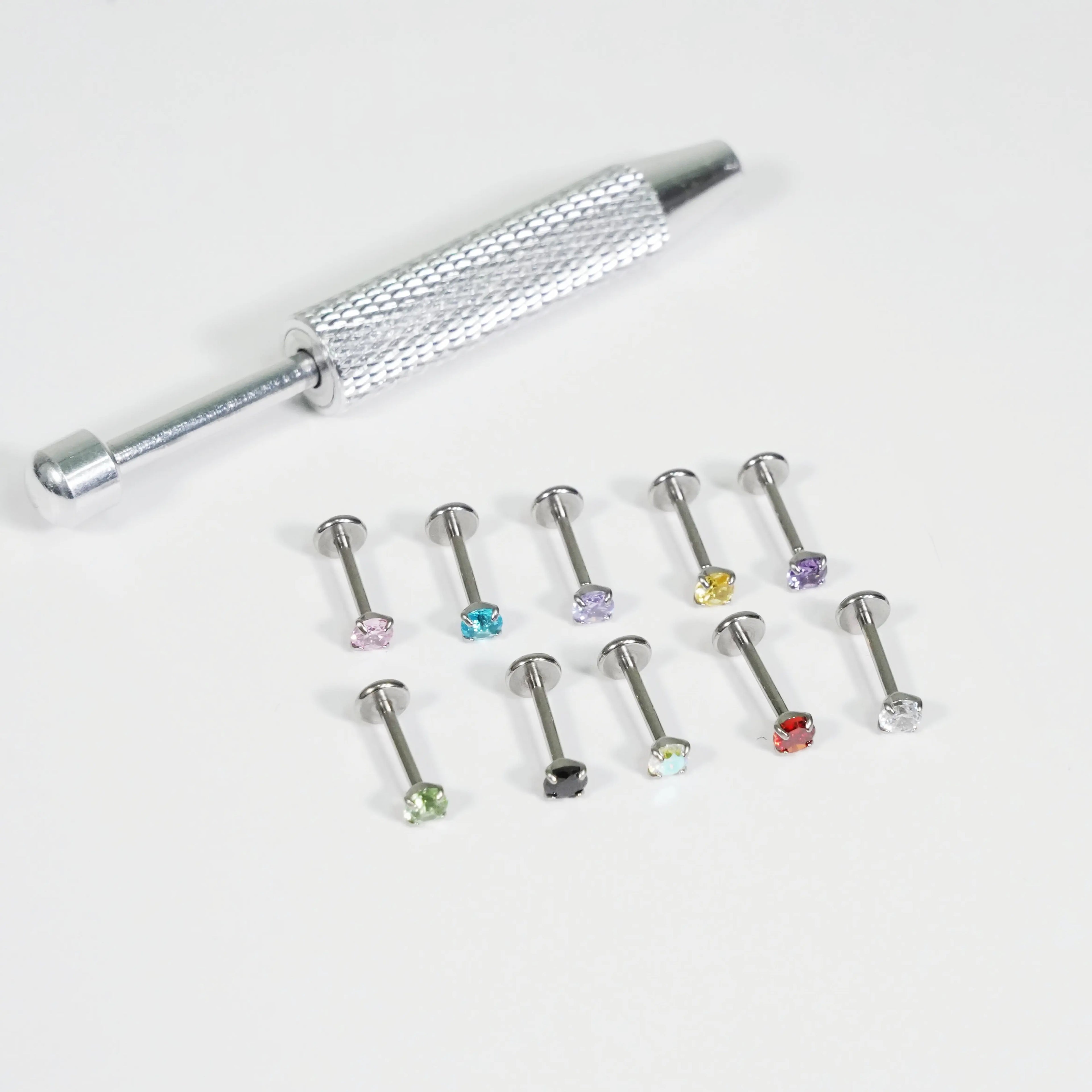 18G Internally Threaded Gem Nose Rings with Free Ball Holder - Set of 10, 1.0mm Thickness, 8mm Length, Assorted Colors