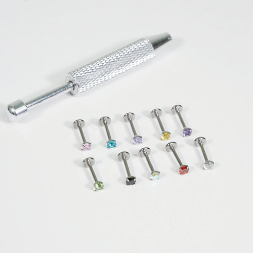 18G Internally Threaded Gem Nose Rings with Free Ball Holder - Set of 10, 1.0mm Thickness, 8mm Length, Assorted Colors