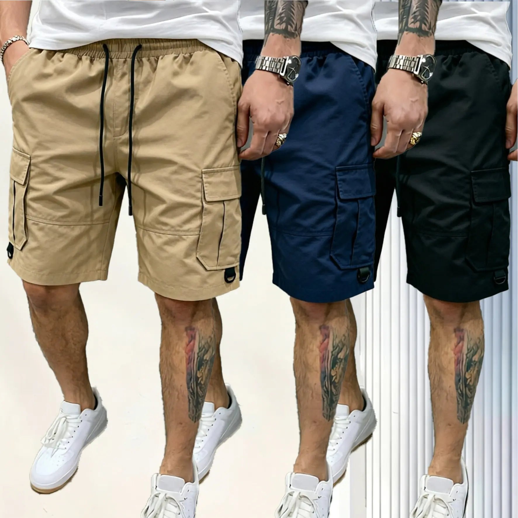 Men's Beige Multi-Pocket Cargo Shorts Three-Piece Streetwear Set - Comfortable and Stylish for Casual Wear and Sports