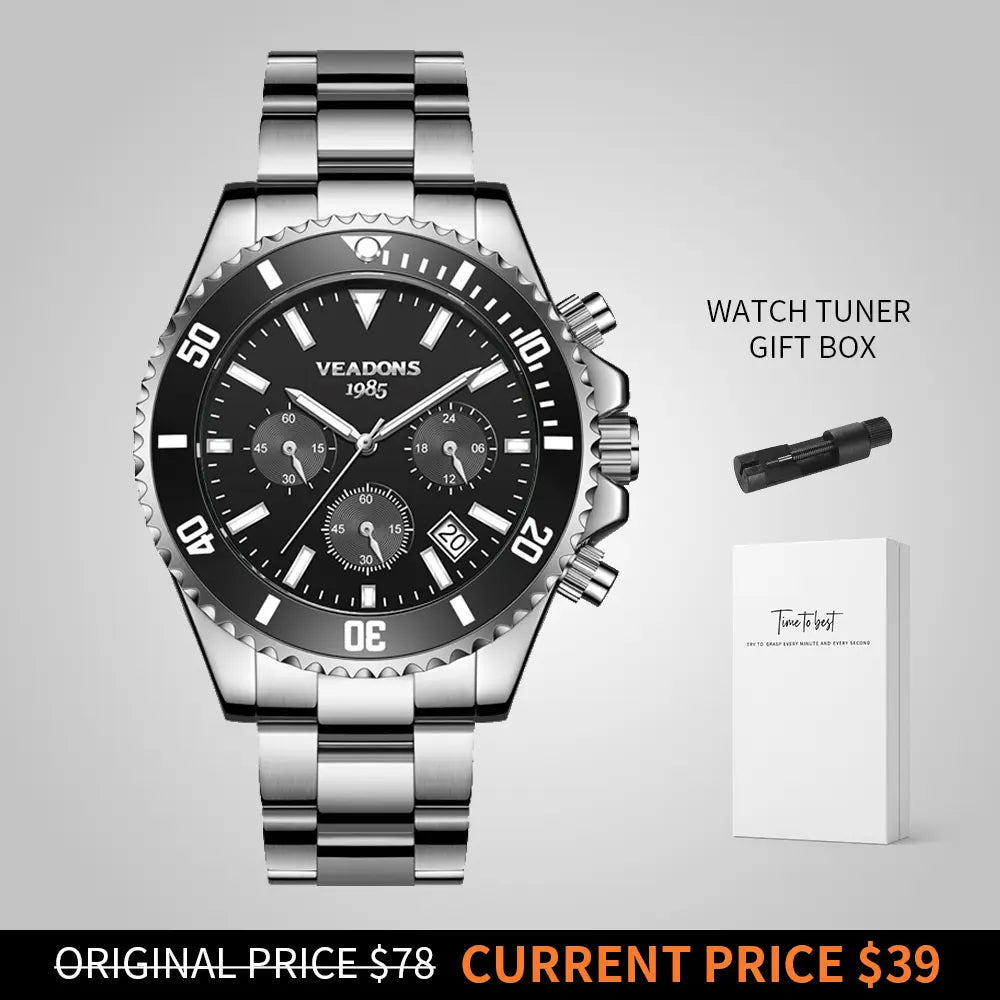 Veadons Men's Luxury Dress Watch Gift Set - Green Dial, 40mm Stainless Steel Strap, Rotating Quartz Analog, Waterproof Luminous Large Dial for Summer Business Wear