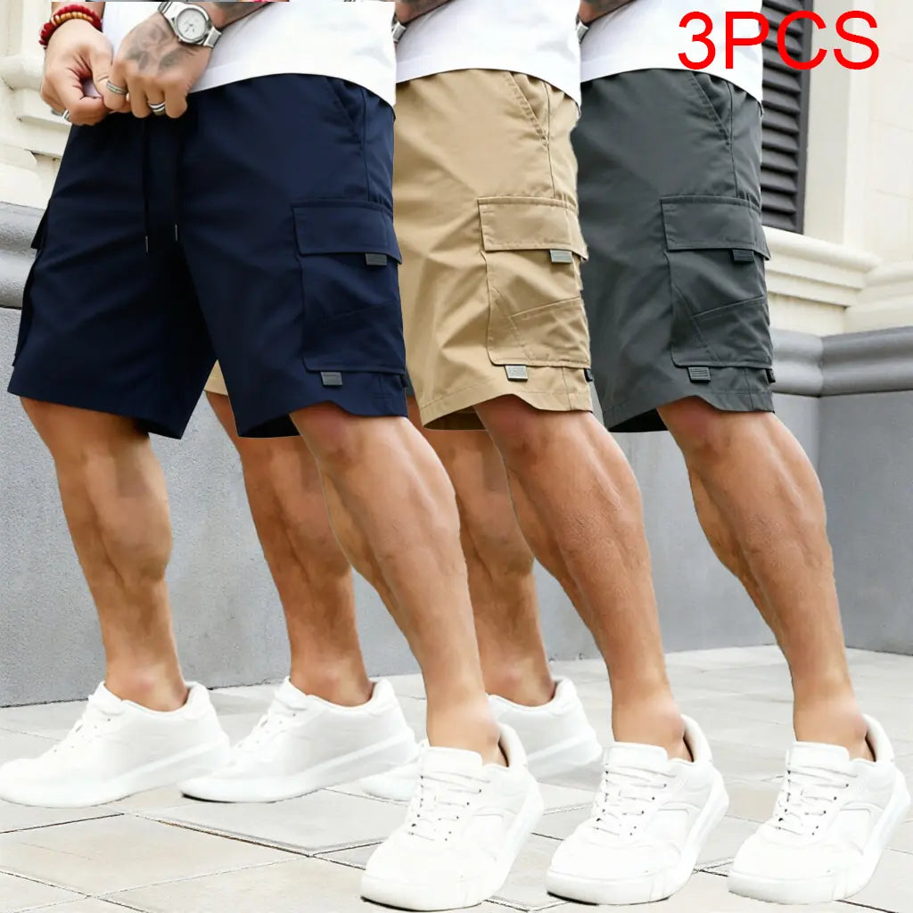 Men's Beige Multi-Pocket Cargo Shorts Three-Piece Streetwear Set - Comfortable and Stylish for Casual Wear and Sports