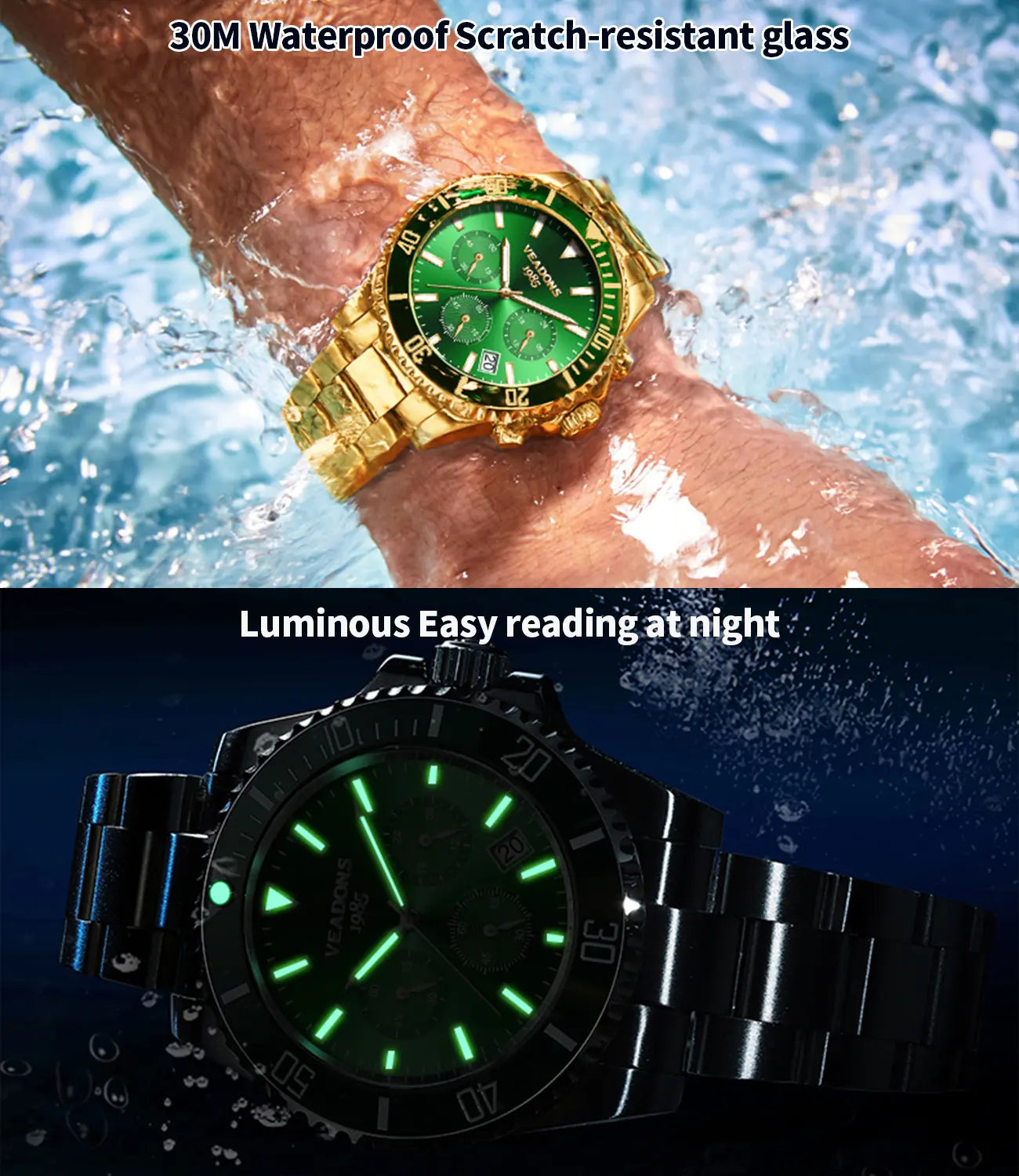 Veadons Men's Luxury Dress Watch Gift Set - Green Dial, 40mm Stainless Steel Strap, Rotating Quartz Analog, Waterproof Luminous Large Dial for Summer Business Wear
