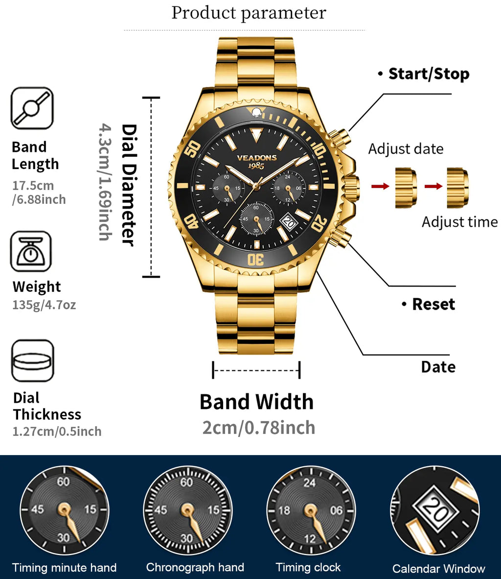 Veadons Men's Luxury Dress Watch Gift Set - Green Dial, 40mm Stainless Steel Strap, Rotating Quartz Analog, Waterproof Luminous Large Dial for Summer Business Wear