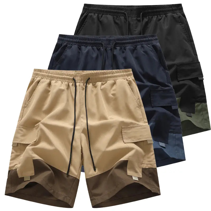 Men's Beige Multi-Pocket Cargo Shorts Three-Piece Streetwear Set - Comfortable and Stylish for Casual Wear and Sports