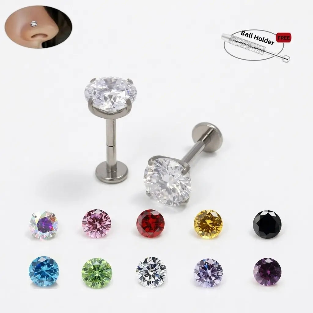 18G Internally Threaded Gem Nose Rings with Free Ball Holder - Set of 10, 1.0mm Thickness, 8mm Length, Assorted Colors