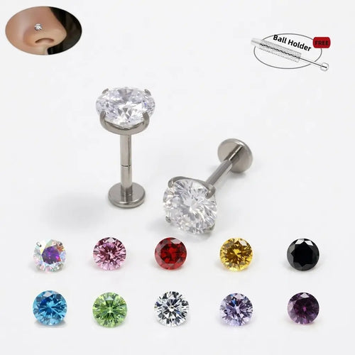 18G Internally Threaded Gem Nose Rings with Free Ball Holder - Set of 10, 1.0mm Thickness, 8mm Length, Assorted Colors