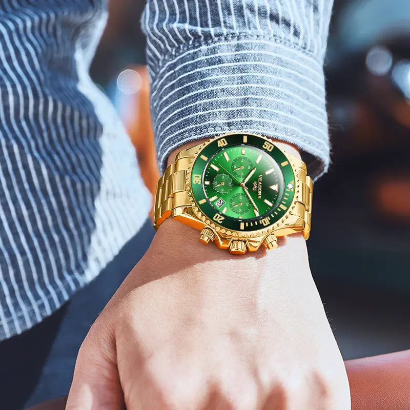 Veadons Men's Luxury Dress Watch Gift Set - Green Dial, 40mm Stainless Steel Strap, Rotating Quartz Analog, Waterproof Luminous Large Dial for Summer Business Wear