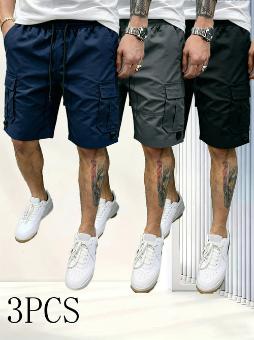 Men's Beige Multi-Pocket Cargo Shorts Three-Piece Streetwear Set - Comfortable and Stylish for Casual Wear and Sports