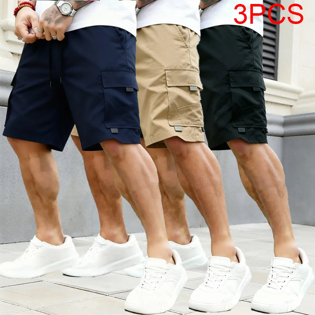 Men's Beige Multi-Pocket Cargo Shorts Three-Piece Streetwear Set - Comfortable and Stylish for Casual Wear and Sports