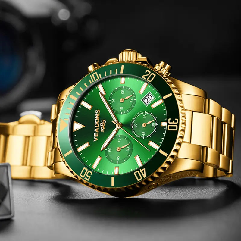 Veadons Men's Luxury Dress Watch Gift Set - Green Dial, 40mm Stainless Steel Strap, Rotating Quartz Analog, Waterproof Luminous Large Dial for Summer Business Wear
