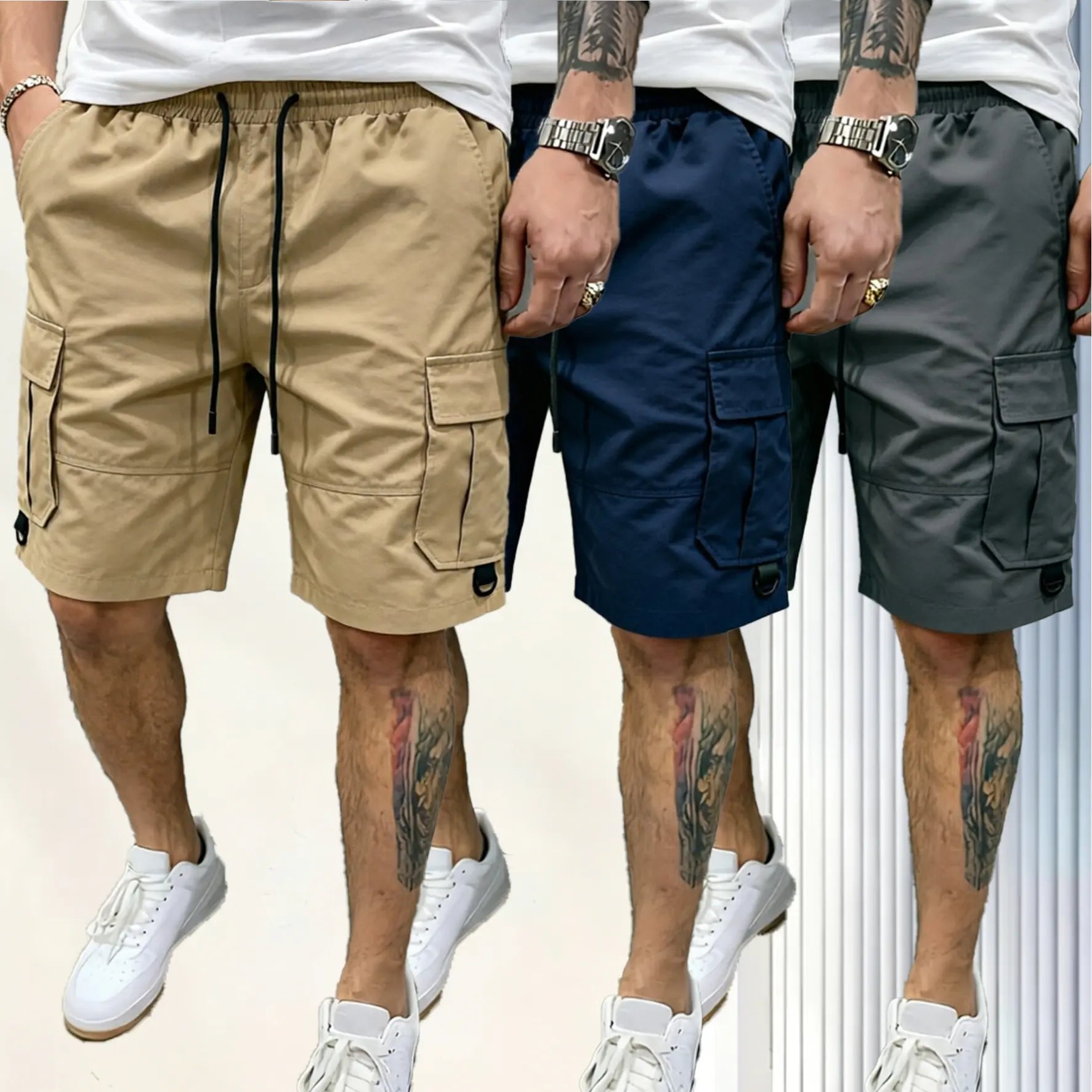 Men's Beige Multi-Pocket Cargo Shorts Three-Piece Streetwear Set - Comfortable and Stylish for Casual Wear and Sports