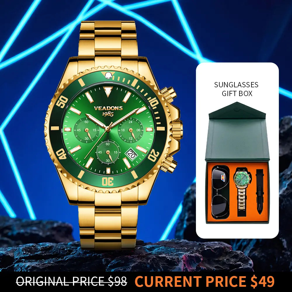 Veadons Men's Luxury Dress Watch Gift Set - Green Dial, 40mm Stainless Steel Strap, Rotating Quartz Analog, Waterproof Luminous Large Dial for Summer Business Wear