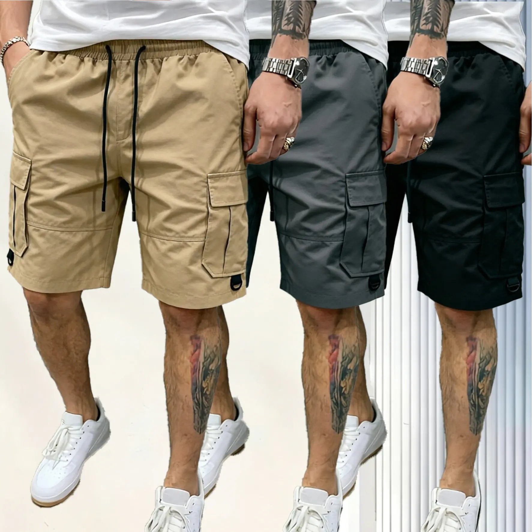Men's Beige Multi-Pocket Cargo Shorts Three-Piece Streetwear Set - Comfortable and Stylish for Casual Wear and Sports