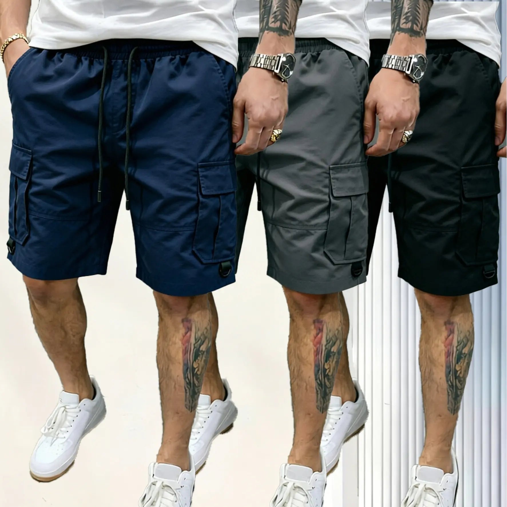 Men's Beige Multi-Pocket Cargo Shorts Three-Piece Streetwear Set - Comfortable and Stylish for Casual Wear and Sports