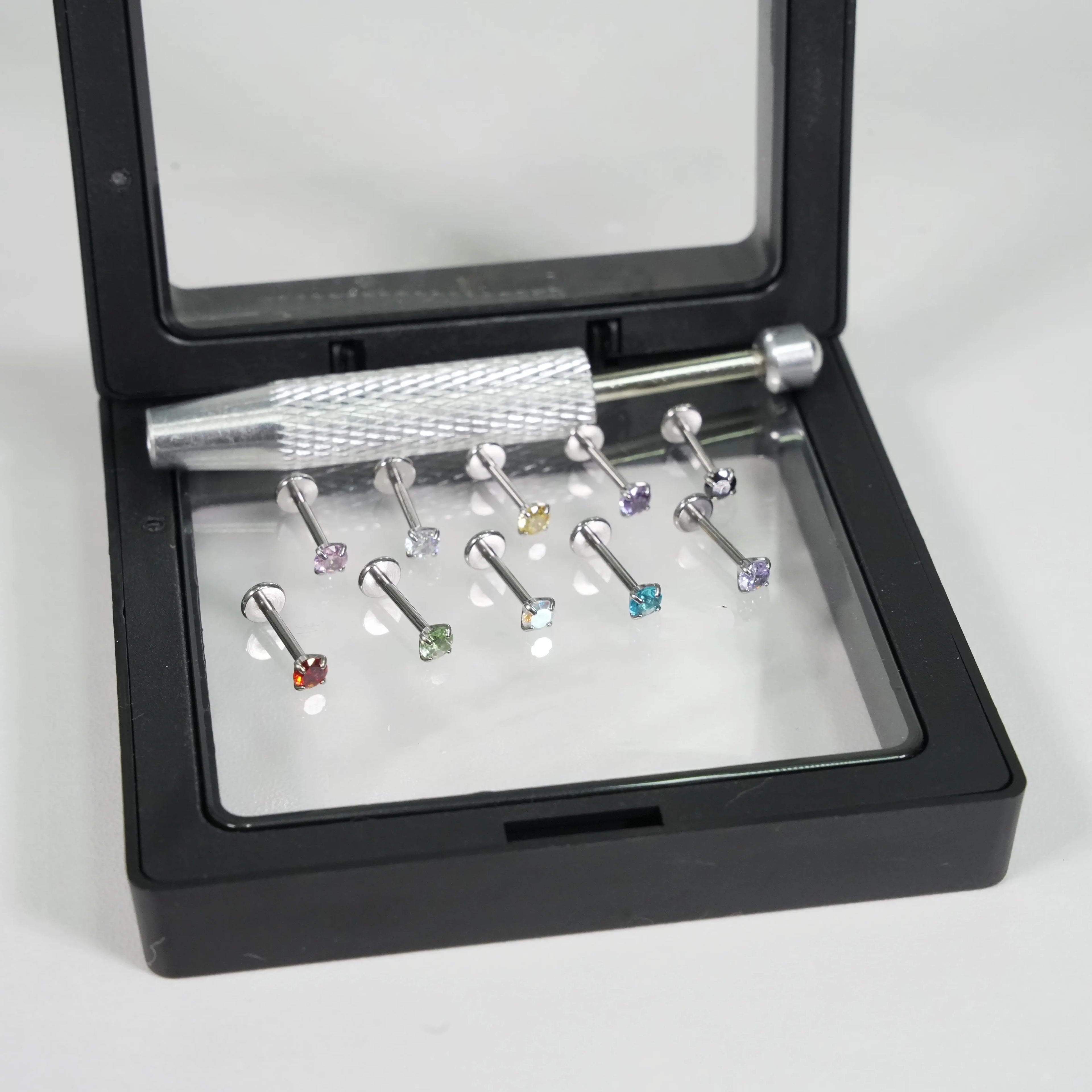 18G Internally Threaded Gem Nose Rings with Free Ball Holder - Set of 10, 1.0mm Thickness, 8mm Length, Assorted Colors