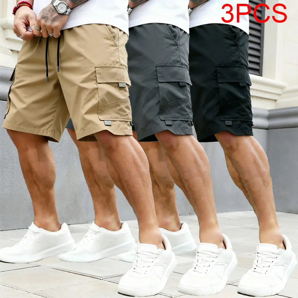 Men's Beige Multi-Pocket Cargo Shorts Three-Piece Streetwear Set - Comfortable and Stylish for Casual Wear and Sports