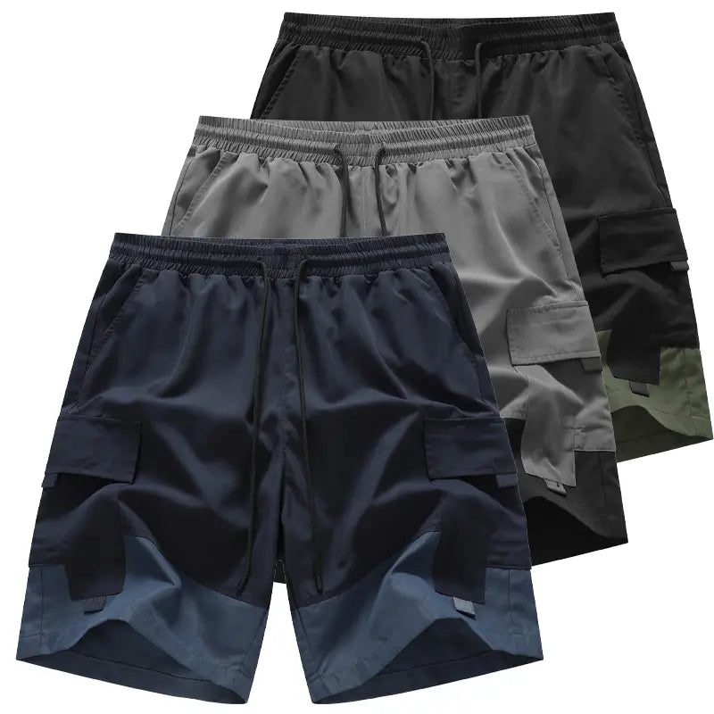 Men's Beige Multi-Pocket Cargo Shorts Three-Piece Streetwear Set - Comfortable and Stylish for Casual Wear and Sports