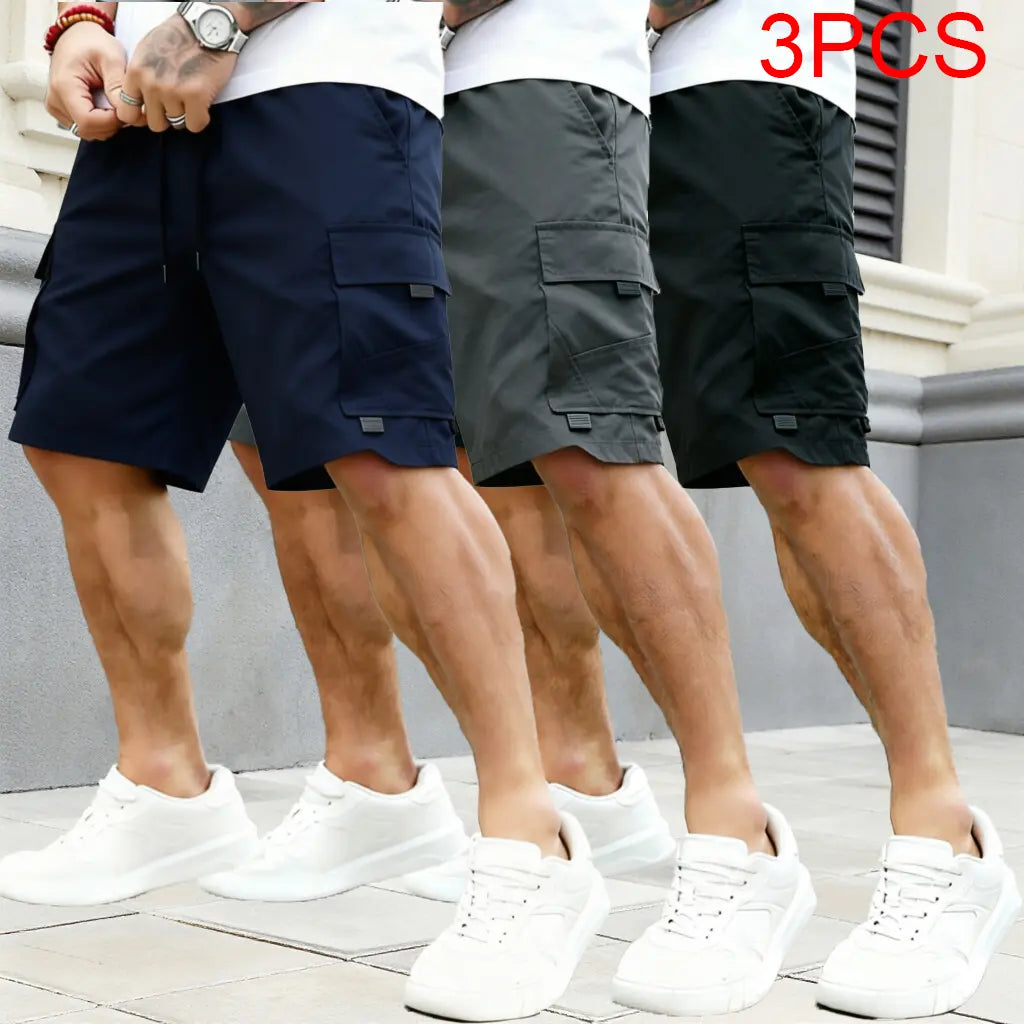 Men's Beige Multi-Pocket Cargo Shorts Three-Piece Streetwear Set - Comfortable and Stylish for Casual Wear and Sports