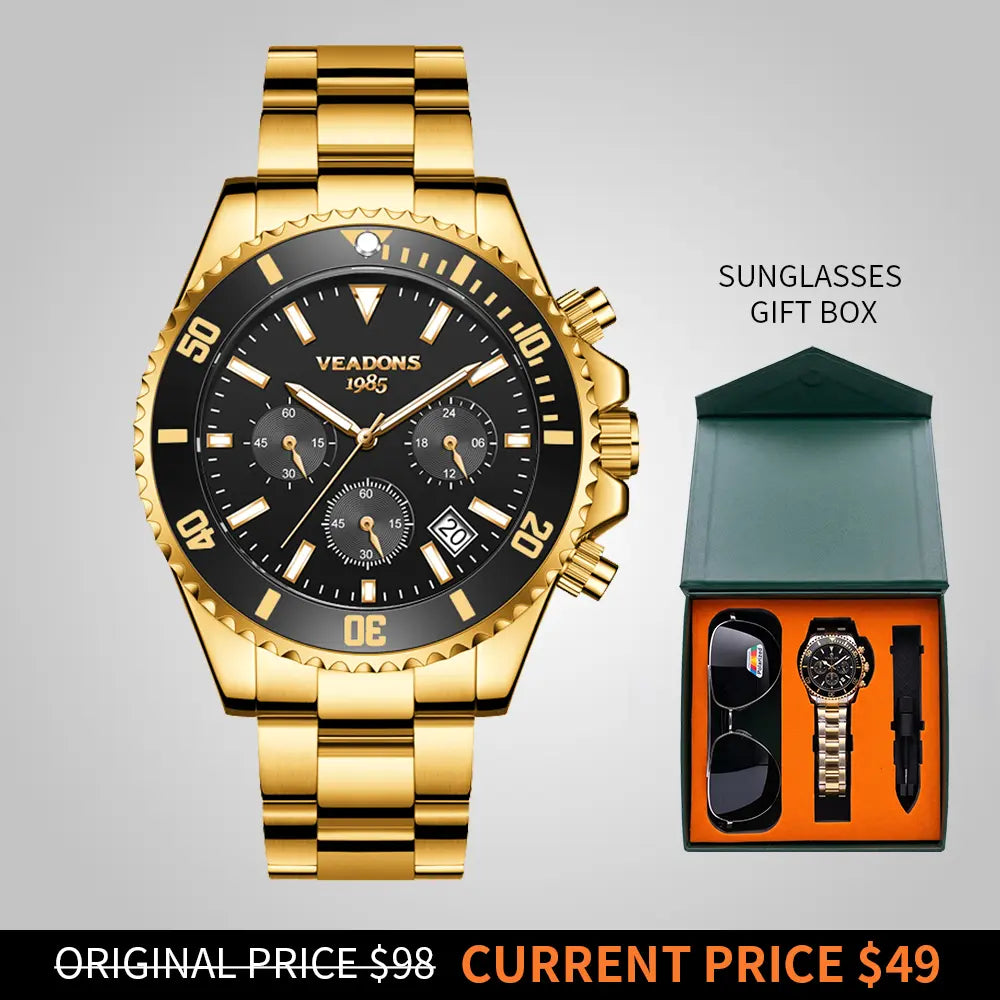 Veadons Men's Luxury Dress Watch Gift Set - Green Dial, 40mm Stainless Steel Strap, Rotating Quartz Analog, Waterproof Luminous Large Dial for Summer Business Wear