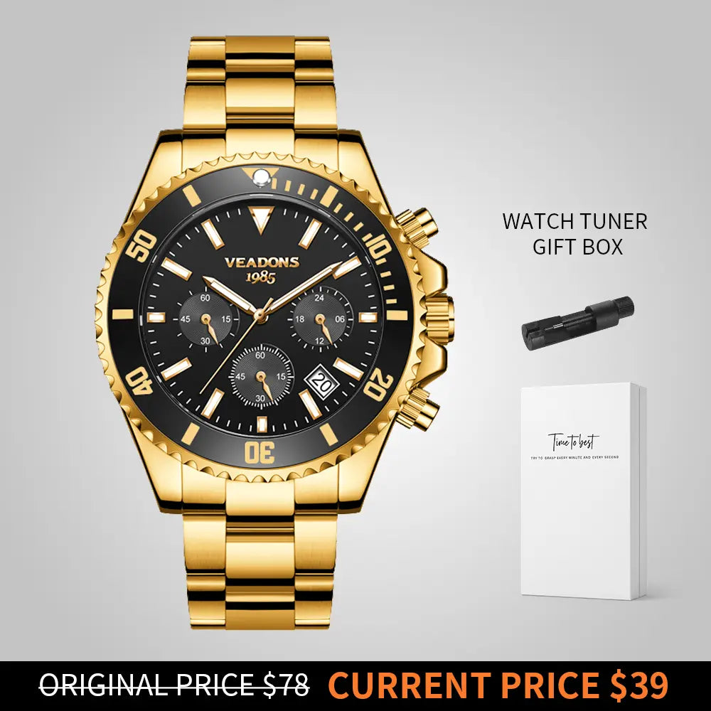 Veadons Men's Luxury Dress Watch Gift Set - Green Dial, 40mm Stainless Steel Strap, Rotating Quartz Analog, Waterproof Luminous Large Dial for Summer Business Wear